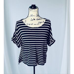 Calvin Klein Jeans Women's Medium Blue White Striped 3/4 Sleeve Shirt Top Blouse